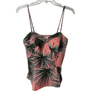 A New Day Pink & Green‎ Palm Print Peplum Smocked Tank Top Womens M